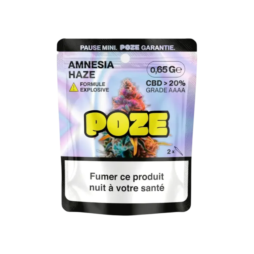 0.65g packet of Amnesia Haze CBD flowers from Poze's explosive formula
