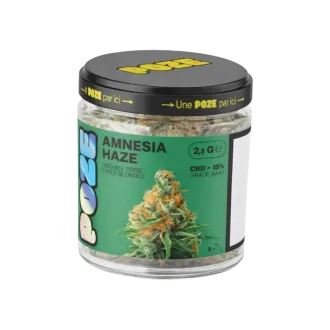 2.5g jar of Amnesia Haze CBD flowers from the Poze brand