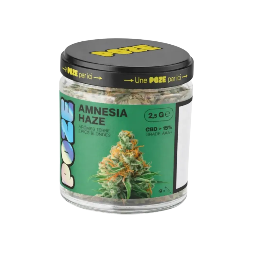 2.5g jar of Amnesia Haze CBD flowers from the Poze brand