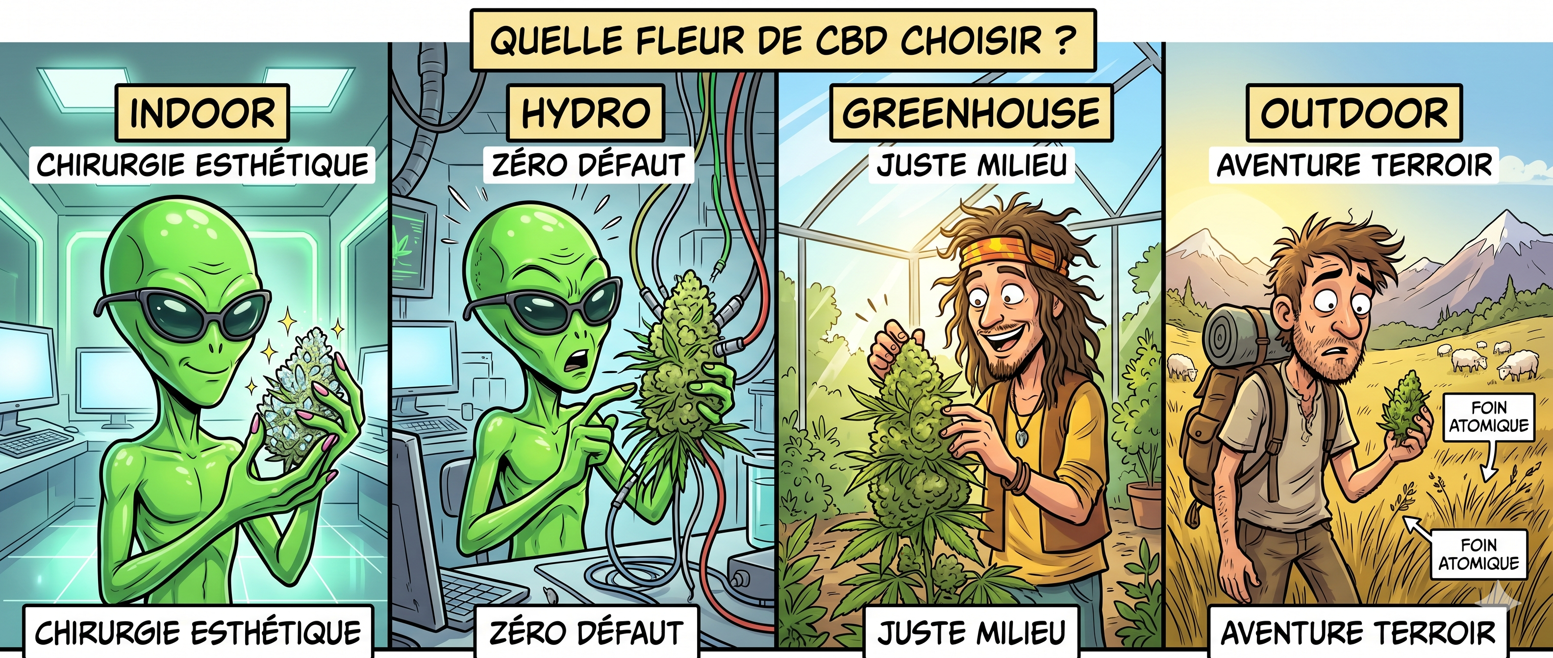 Comparatif des méthodes de culture : Fleur CBD Indoor, Greenhouse, Outdoor et Hydroponie